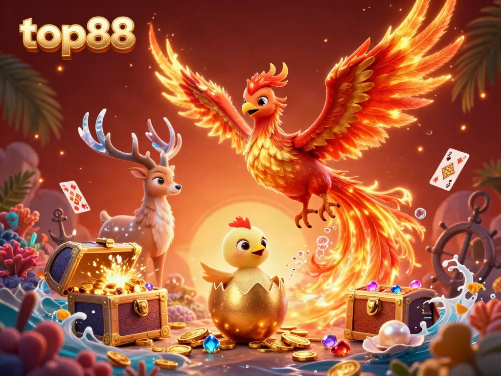 Experience the magic of top88 with a vibrant 3D illustration featuring phoenixes and treasure on a bright casino-themed backdrop.