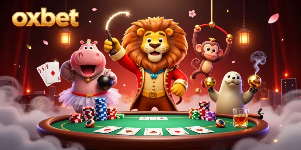 Bet with oxbet at a lively casino scene featuring a circus ringmaster and whimsical characters.