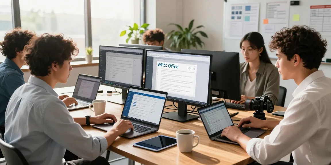 Download WPS Office with professionals collaborating at a modern workspace, showcasing digital productivity and teamwork.