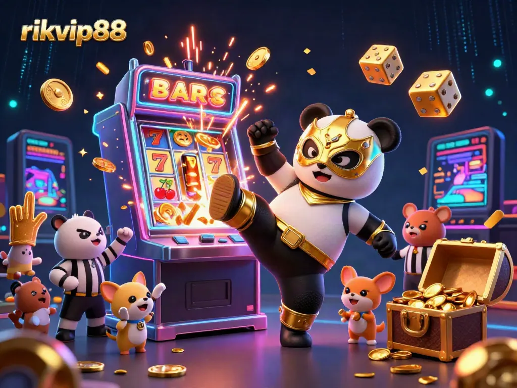 Experience excitement with rikvip88 as a panda wrestler kicks and a crowd cheers amidst vibrant casino elements.