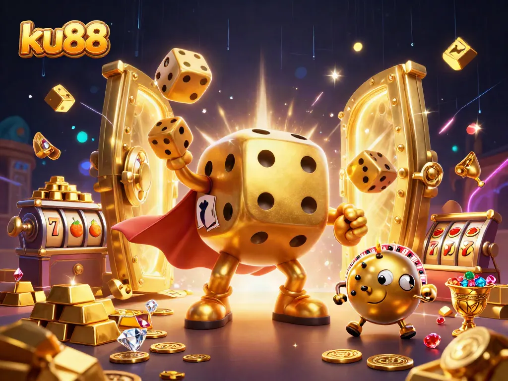 ku88 offers a thrilling casino experience with dynamic elements like slot reels and golden treasures.