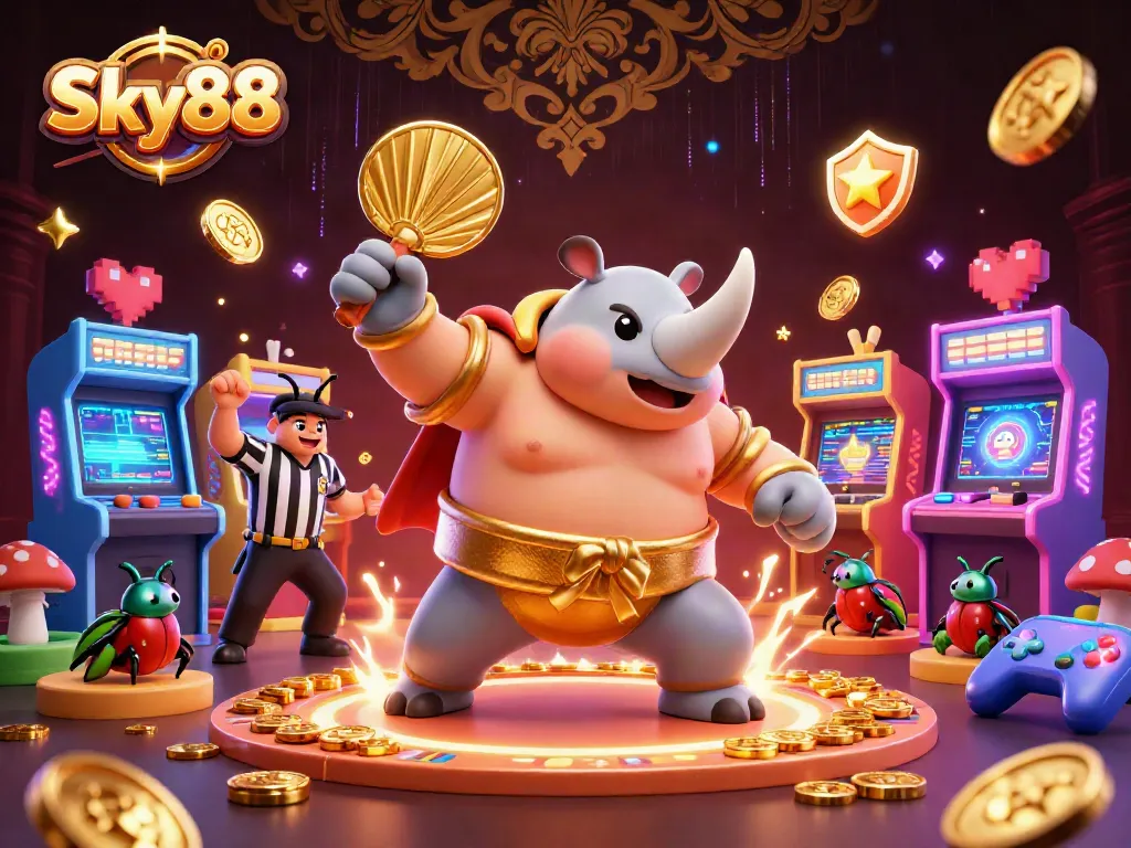 Sky88 players immerse in thrilling gameplay with neon lights, golden coins, and dynamic betting excitement.