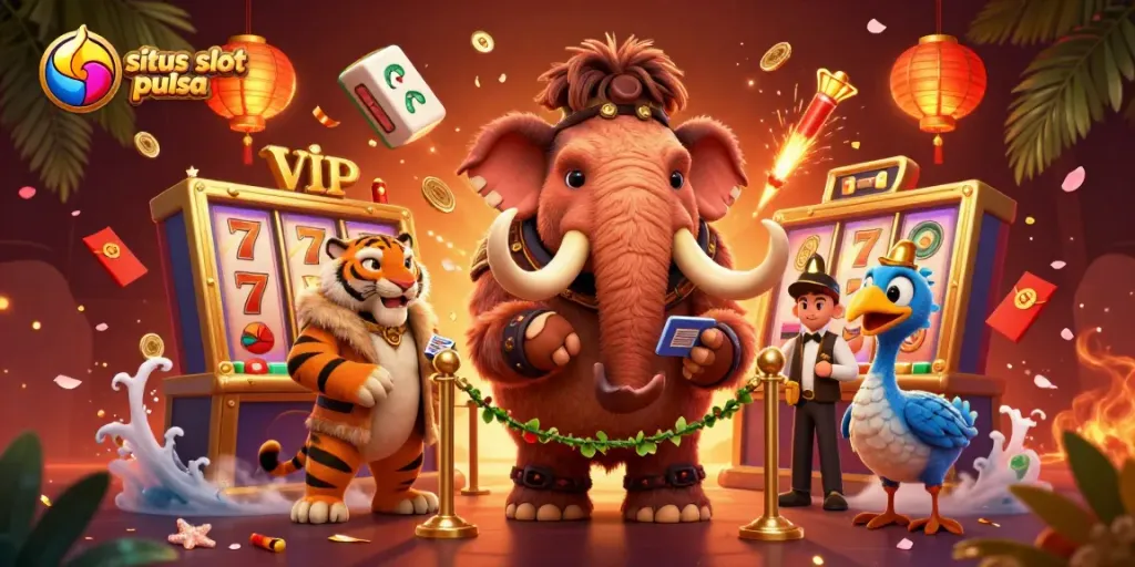 Experience the thrill at situs slot pulsa with animated slot reels and vibrant characters in a 3D casino.