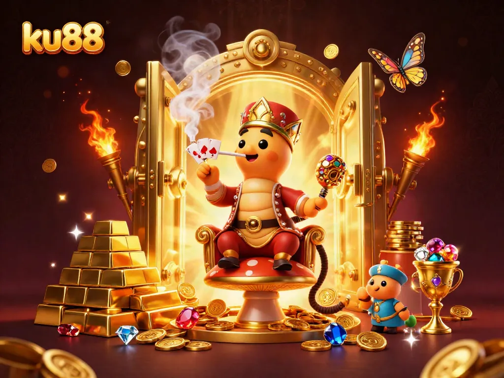 Win big at ku88 with a vibrant illustration of a whimsical casino scene featuring playful elements.
