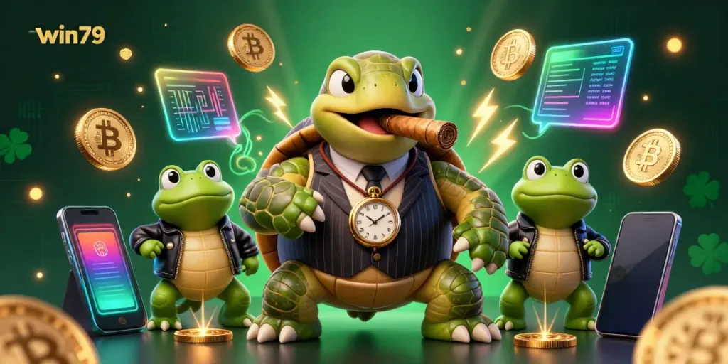 Experience the thrill of win79 with this vibrant, dynamic casino scene featuring a mobster turtle and froggy enforcers.