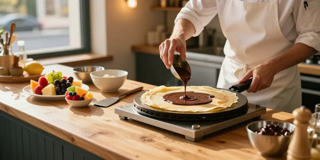 Delicious rokok88 alternatif crepes being prepared with rich dark chocolate and fresh ingredients in a cozy kitchen.