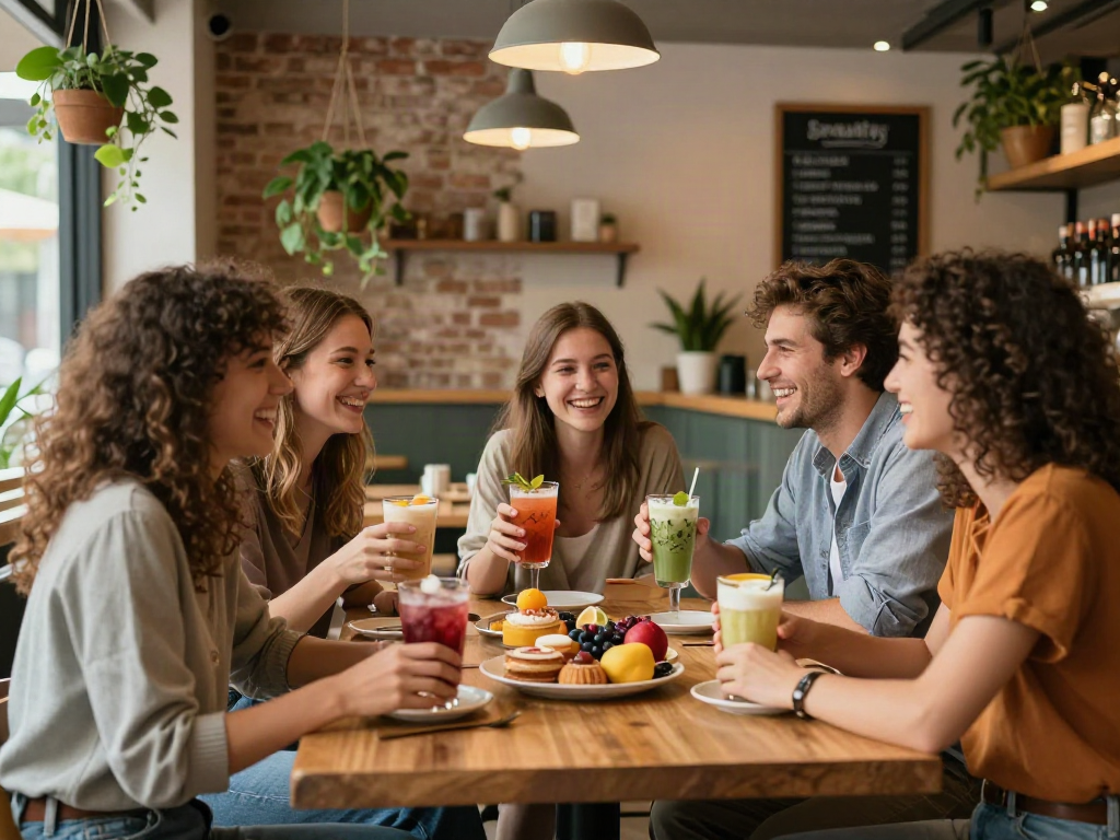 Friends enjoying vibrant drinks and pastries at a cozy café, embodying the rokok88 lifestyle of wellness and relaxation.