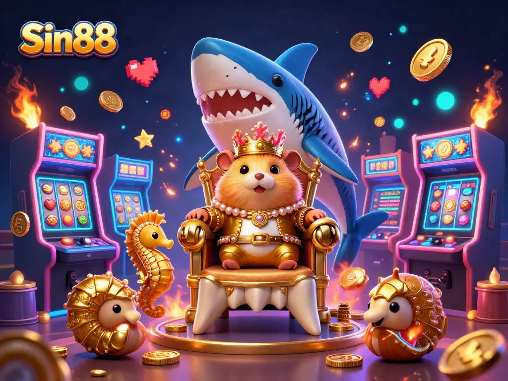 Experience the vibrant casino atmosphere at Sin88 with the golden hamster king ruling from a massive megalodon throne.