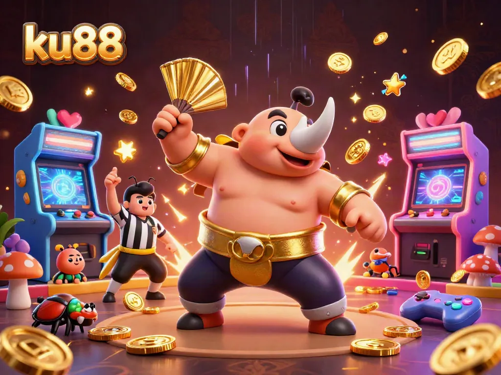 ku88 features a lively 3D illustration of a beetle sumo champion amidst golden coins and gaming elements.