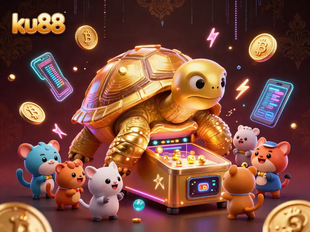ku88 players enjoying a lively 3D casino scene with a colossal golden tortoise pinball machine.