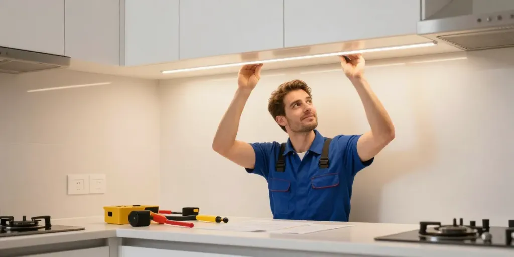 Banda LED COB instalată de profesionist în bucătărie modernă - serviciu de încredere.