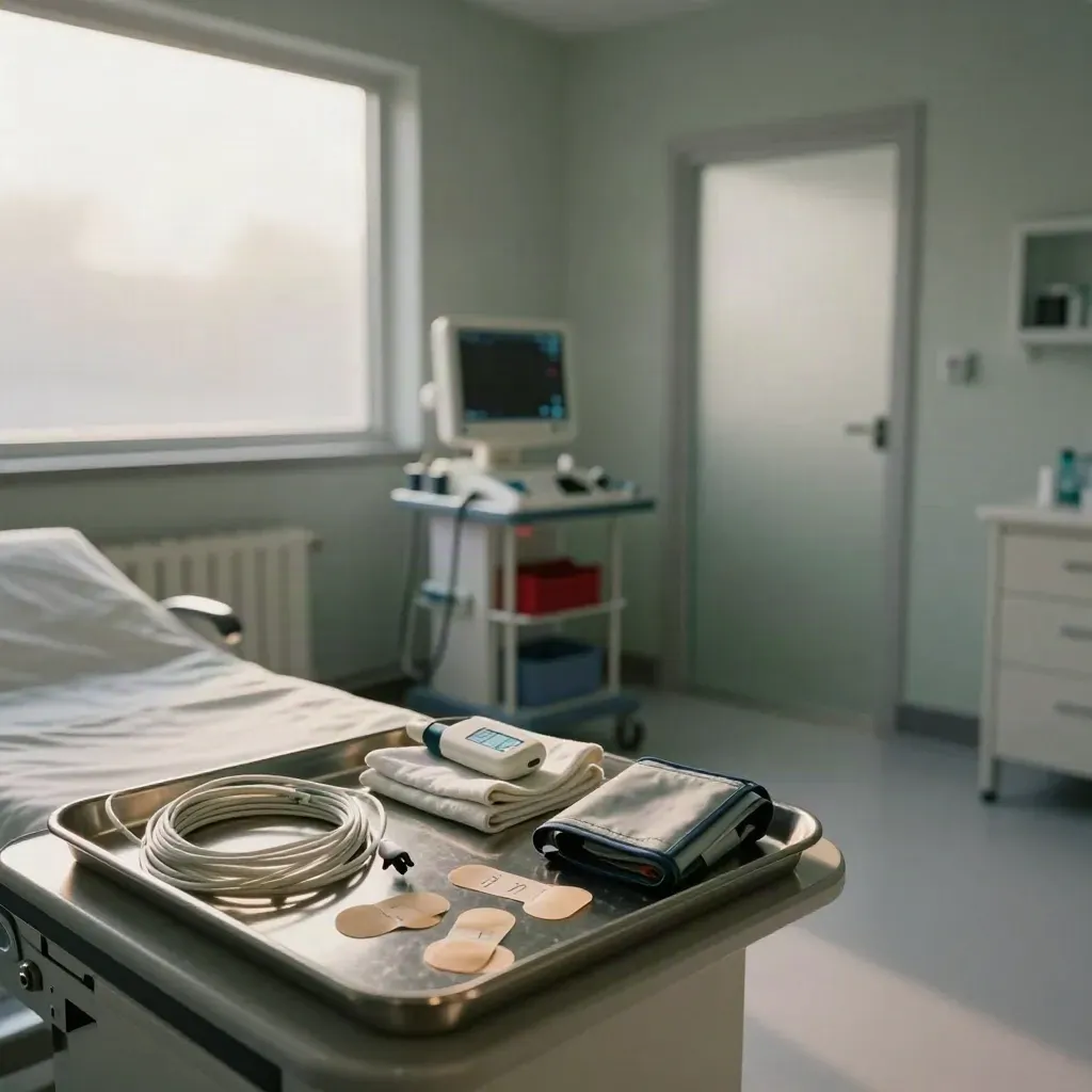 Empty cardiology diagnostics room with ECG leads, probe, cuff and monitor cart in moody morning light