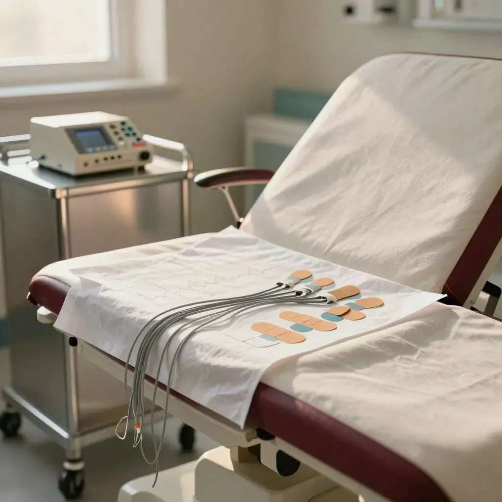 ECG couch setup with pads, lead wires and recorder in a bright cardiology bay