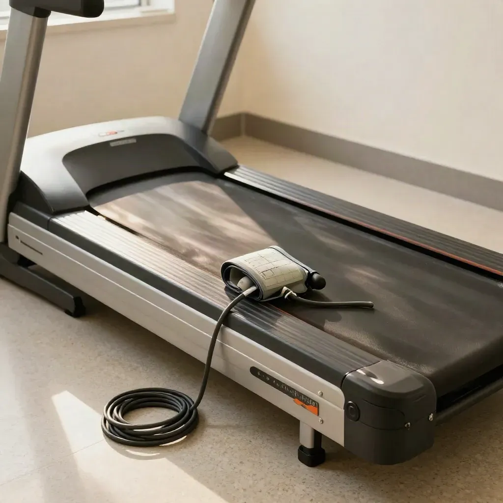 Empty treadmill with ECG leads and blood-pressure cuff in a cardiology clinic