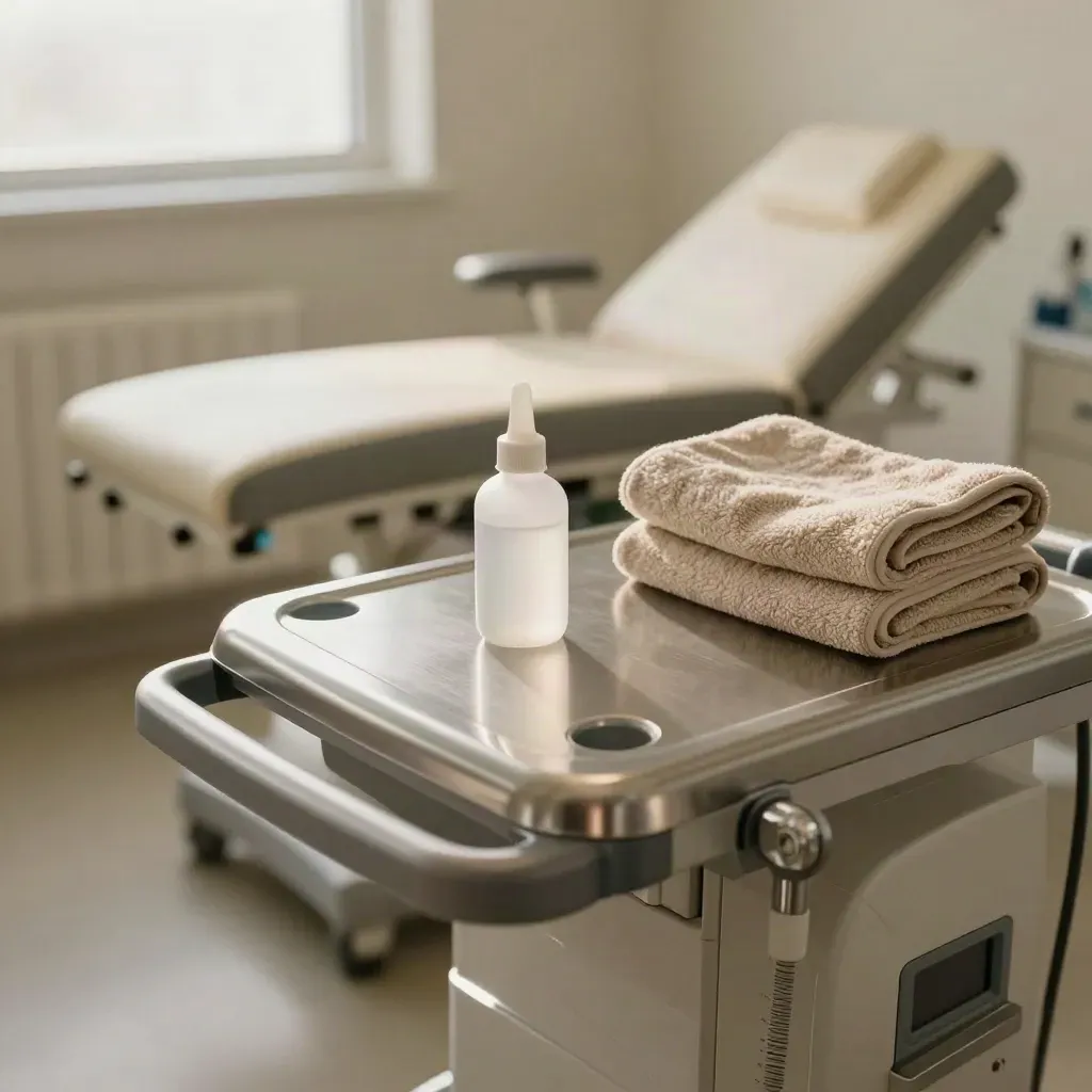 Echocardiography cart beside a quiet exam couch in a softly lit cardiology room.