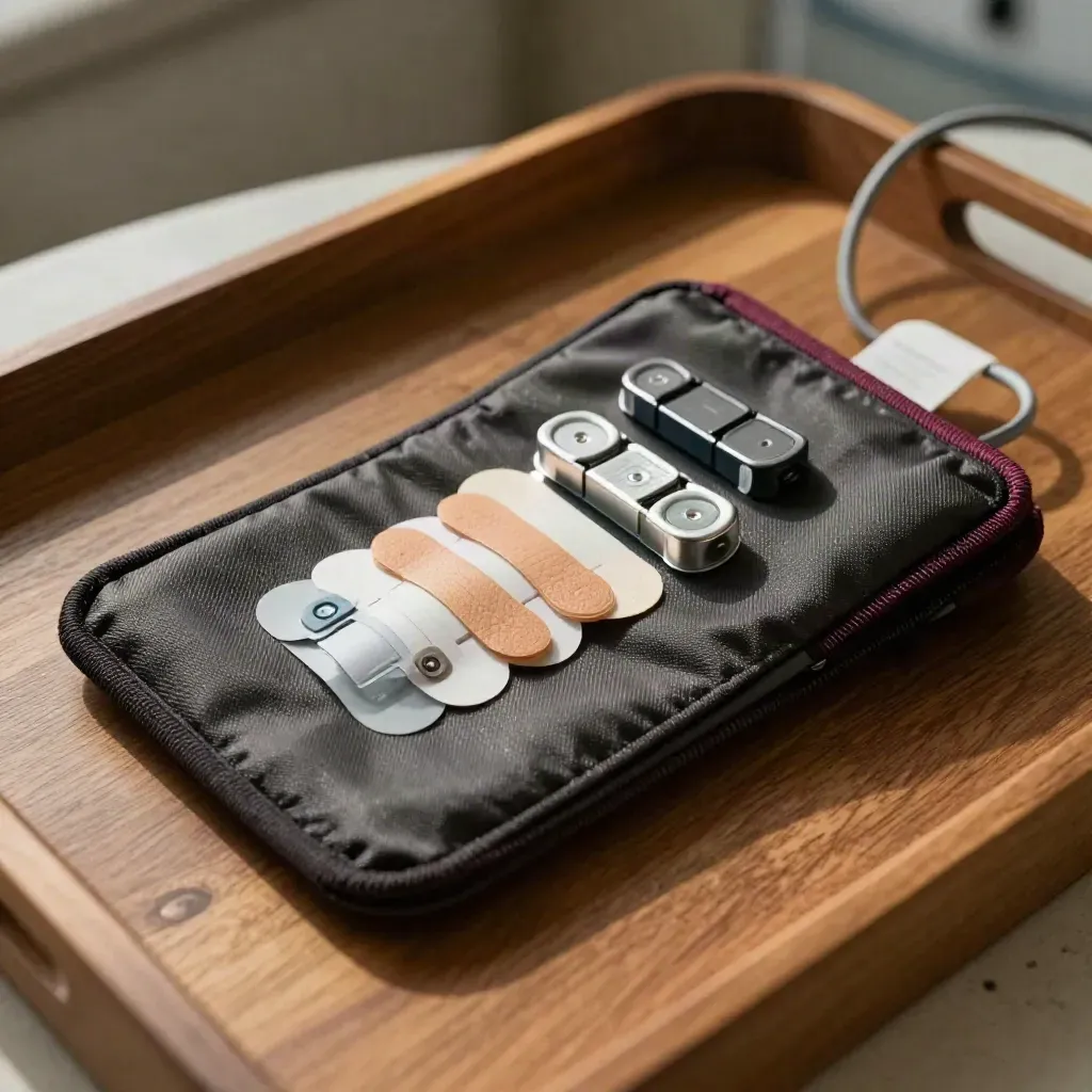 Holter monitor pouch, electrodes, batteries and cable arranged on a clinic tray.