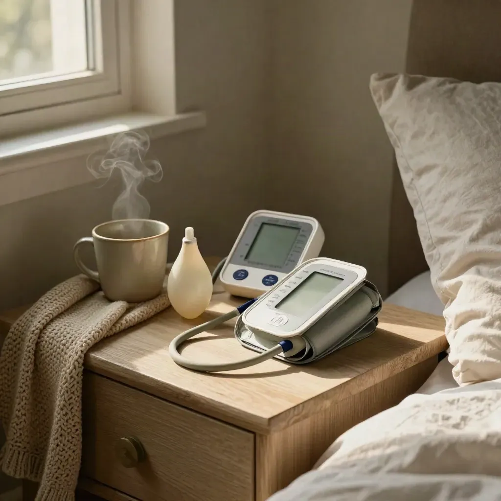Home bedside blood pressure cuff and monitor in warm dawn light