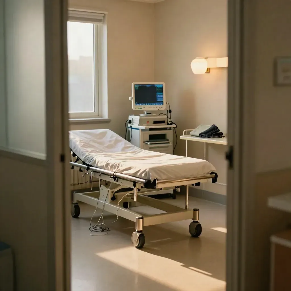 Empty ECG bay with bed, coiled leads, trolley, and calm monitor glow in warm afternoon light.