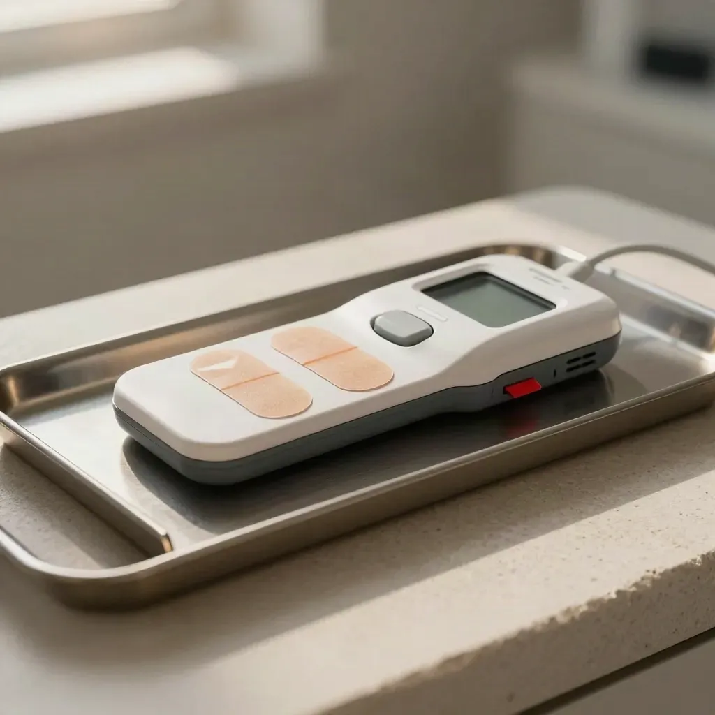 Holter recorder with adhesive pads and cradle on a narrow tray in soft clinical light