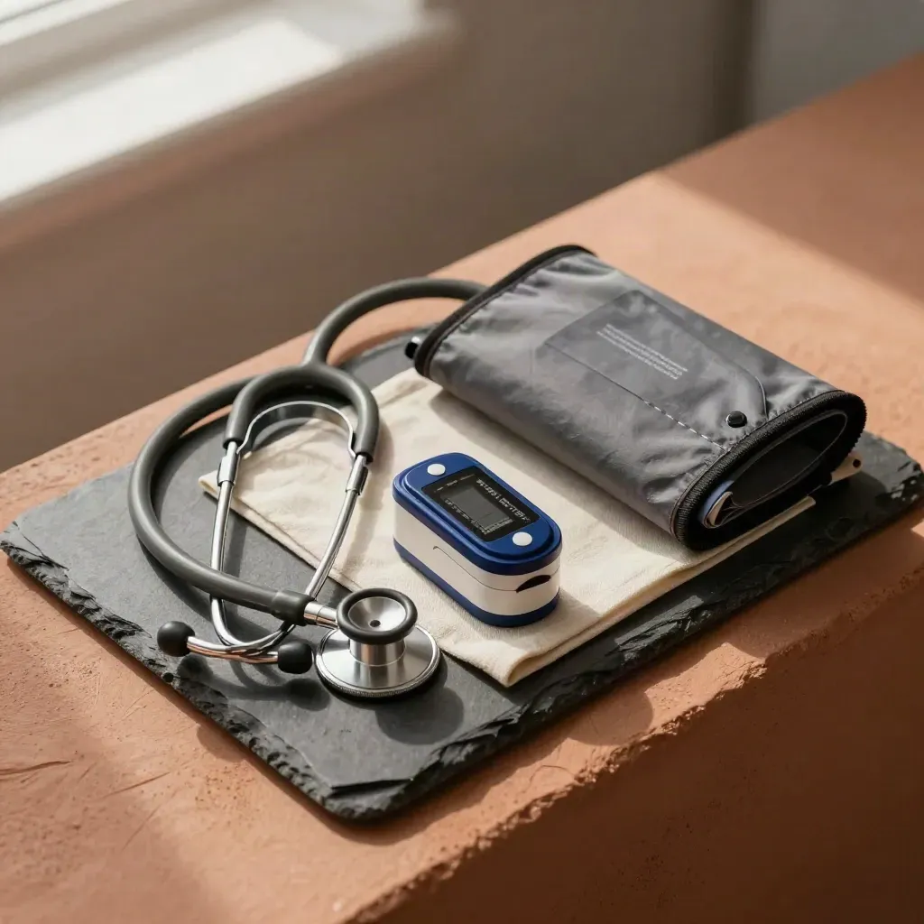 Top-down cardiac risk check tools on a slate tray in warm natural light