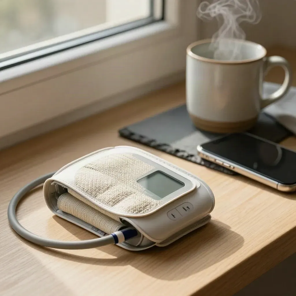 Blood-pressure cuff, monitor and dark phone beside a steaming mug in a quiet morning corner.