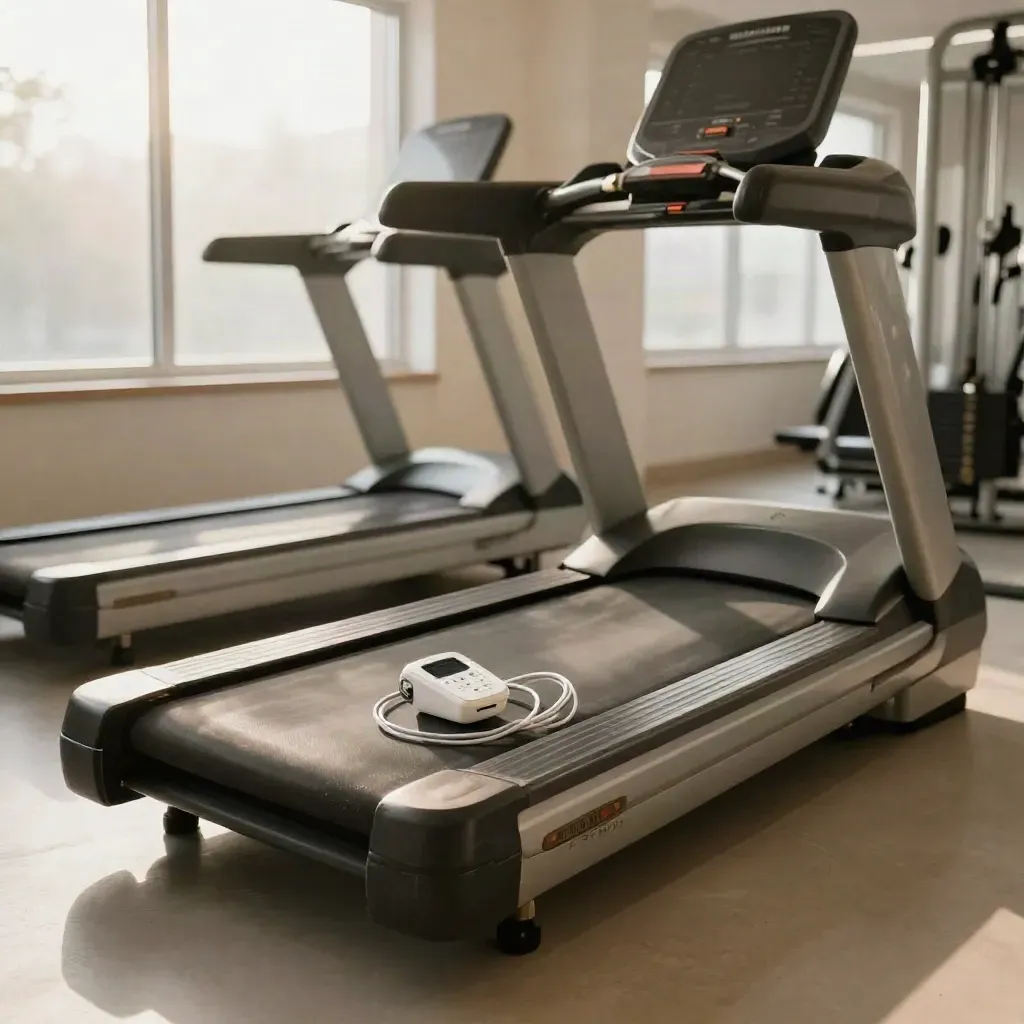 Empty treadmill with ECG cables and chest-strap receiver in a bright rehab exercise suite