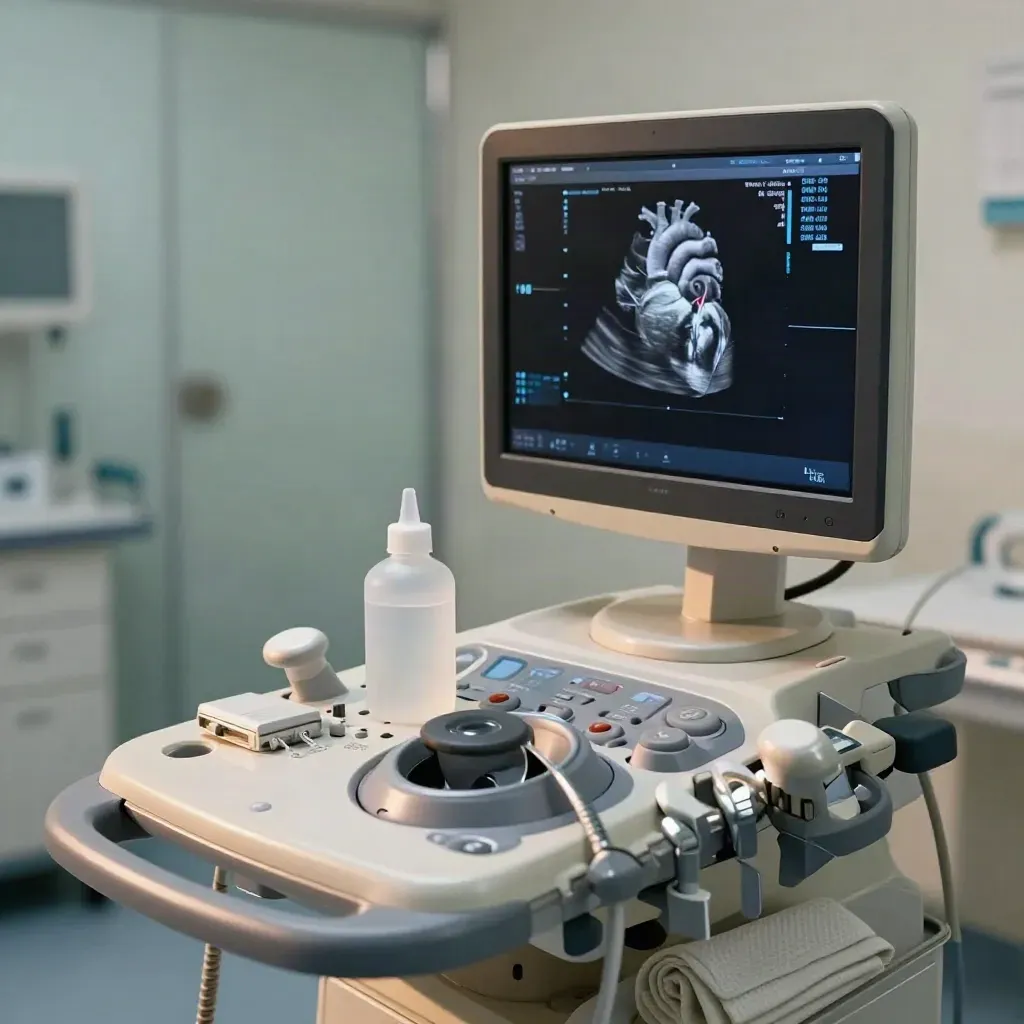 Ultrasound cart with probe cradle, gel bottle, and heart echo on monitor.