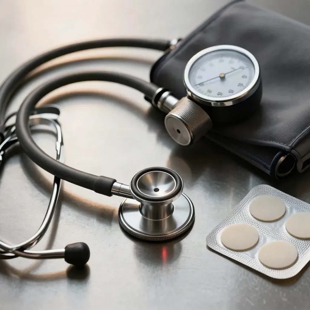 Top-down macro of stethoscope, blood-pressure gauge and ECG electrodes on brushed steel.