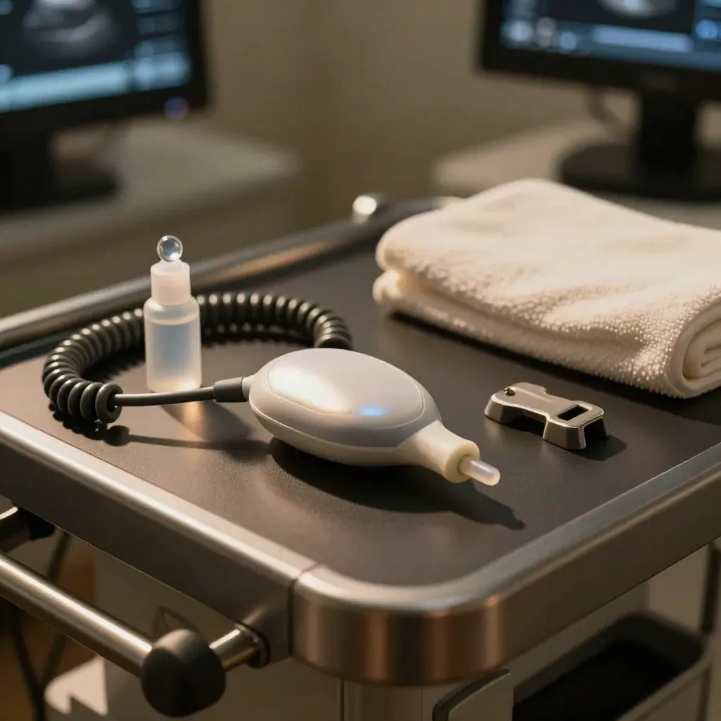 Ultrasound transducer, gel bottle, cradle and towel on a dark cart in a dim clinic.