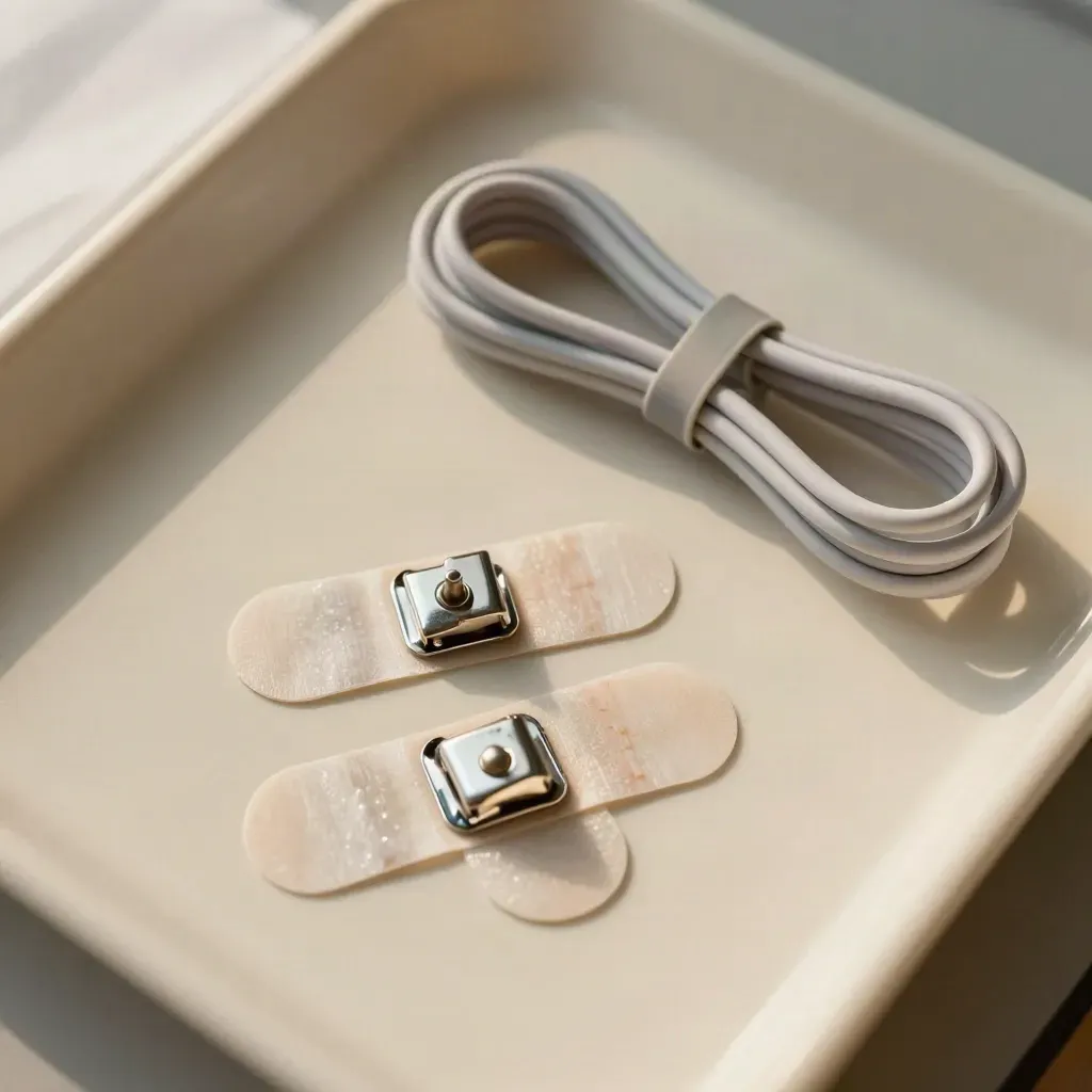 ECG lead clips, adhesive electrodes and coiled cable on an ivory treatment tray