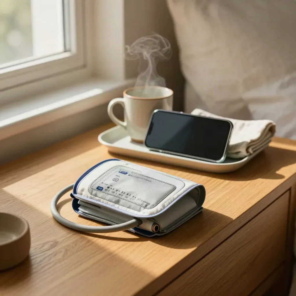 Blood-pressure cuff, phone cradle and steaming mug on a bedside tray in warm daylight