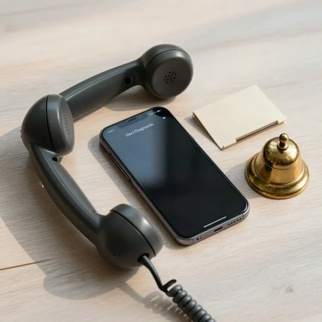 Overhead still life of a smartphone, phone handset and brass bell on pale ash wood.