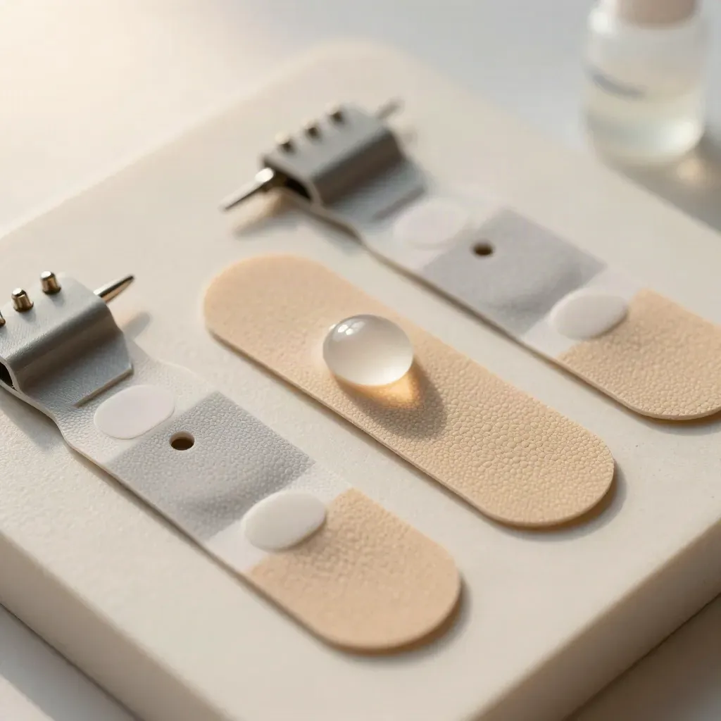 ECG pads, lead clips, and gel bottle arranged on a cream tray in soft clinical light
