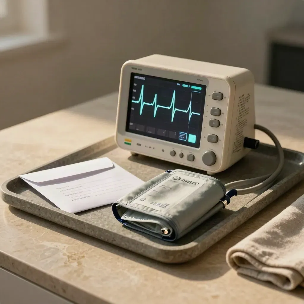 Cardiology monitor, results envelope, and blood-pressure cuff on a stone tray