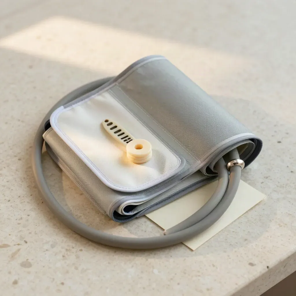 Overhead flatlay of a coiled blood-pressure cuff, lead pouch, and ivory follow-up token on pale stone.