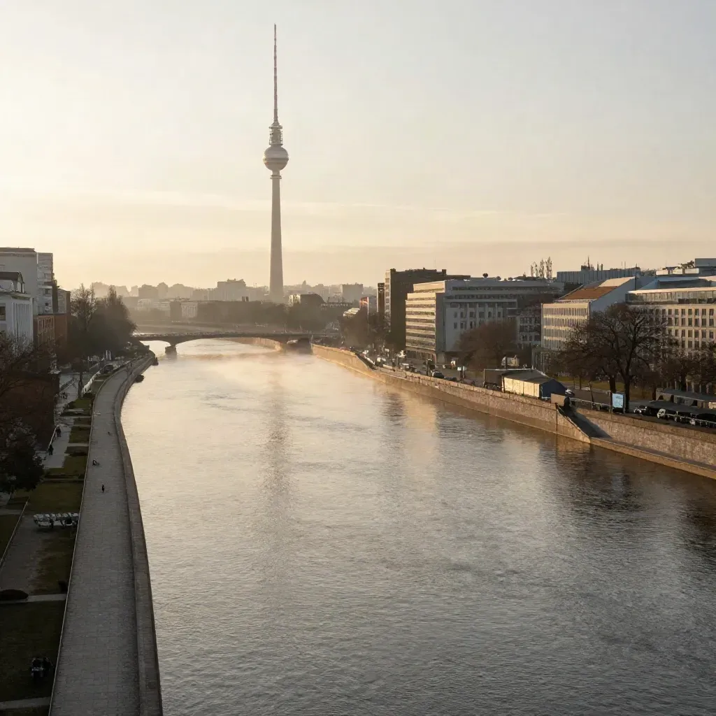 Berlin skyline with the Fernsehturm above a misty Spree embankment at sunrise