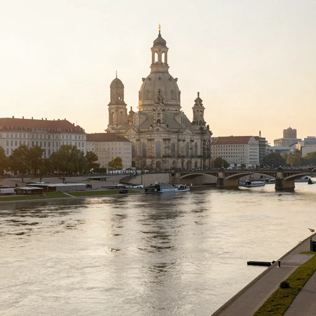 Dresden skyline at golden hour with the Frauenkirche and Elbe bridges above a misty river plain