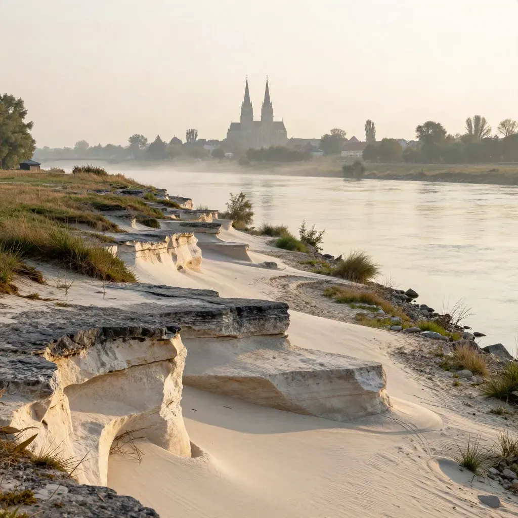 Pale sandstone terraces over misty Elbe meadows with a distant cathedral silhouette at dusk.