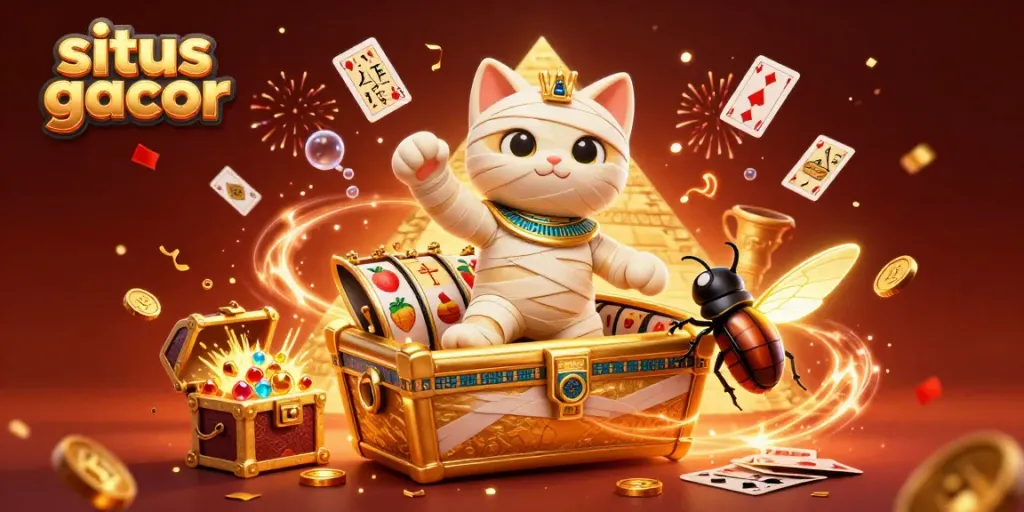 Situs gacor showcases a lively casino scene with a cartoon mummy cat, scarab beetle, and floating slot elements.