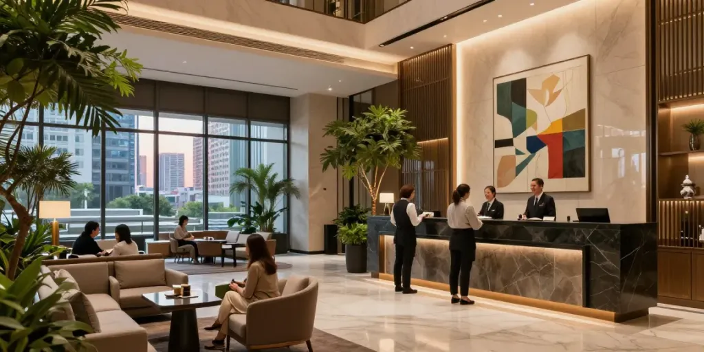 ROKOK88 hotel lobby with welcoming atmosphere and elegant decor.