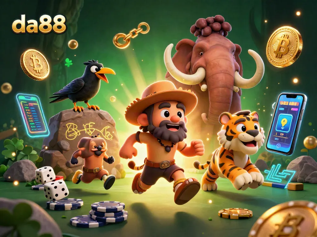 Experience da88's vibrant casino atmosphere with cartoon characters, poker chips, and digital cryptocurrency elements.