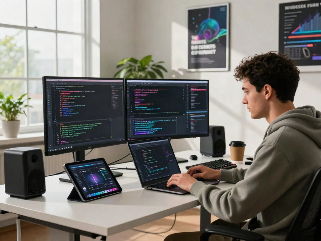 Dynamic tech workspace showcasing a developer utilizing crush ai technology with monitors showing coding and productivity.