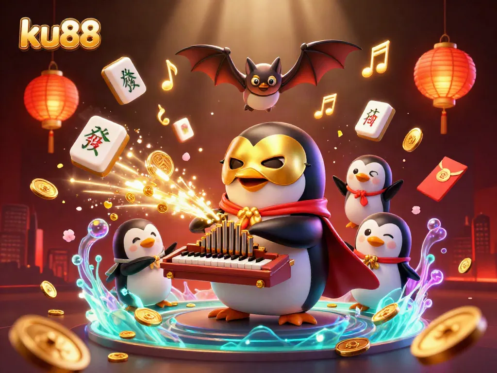 ku88 captivates players with vibrant casino action, featuring a penguin and acrobat in dynamic gaming scene.