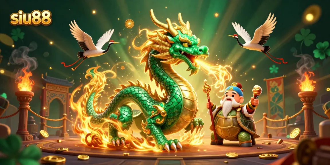 Siu88 redefines gaming with an emerald jade dragon and dynamic casino elements in a vibrant 3D scene.