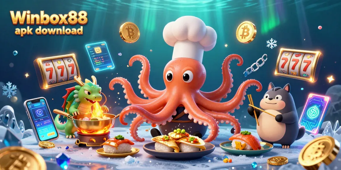 Play with Winbox88 apk download featuring a vibrant 3D illustration of playful characters in a casino setting.